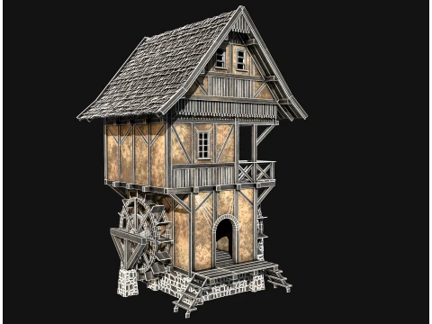 FANTASY WATERMILL MEDIEVAL BUILDING HOUSE HUT TOWN COLLECTION Low-poly 3D Model