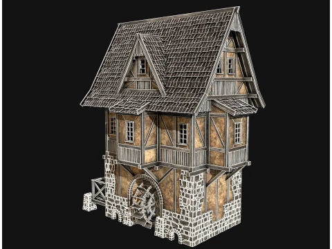 FANTASY WATERMILL MEDIEVAL BUILDING HOUSE HUT TOWN COLLECTION Low-poly 3D Model