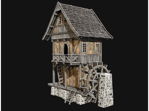 FANTASY WATERMILL MEDIEVAL BUILDING HOUSE HUT TOWN COLLECTION Low-poly 3D Model