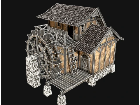 FANTASY WATERMILL MEDIEVAL BUILDING HOUSE HUT TOWN COLLECTION Low-poly 3D Model