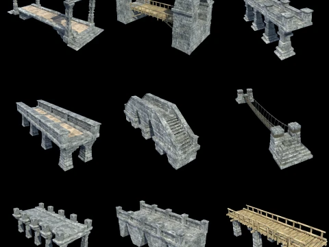 BRIDGE AZTEC MAYAN INCA STONE PLATFORM STAIRS COLLECTION Low-poly 3D Model