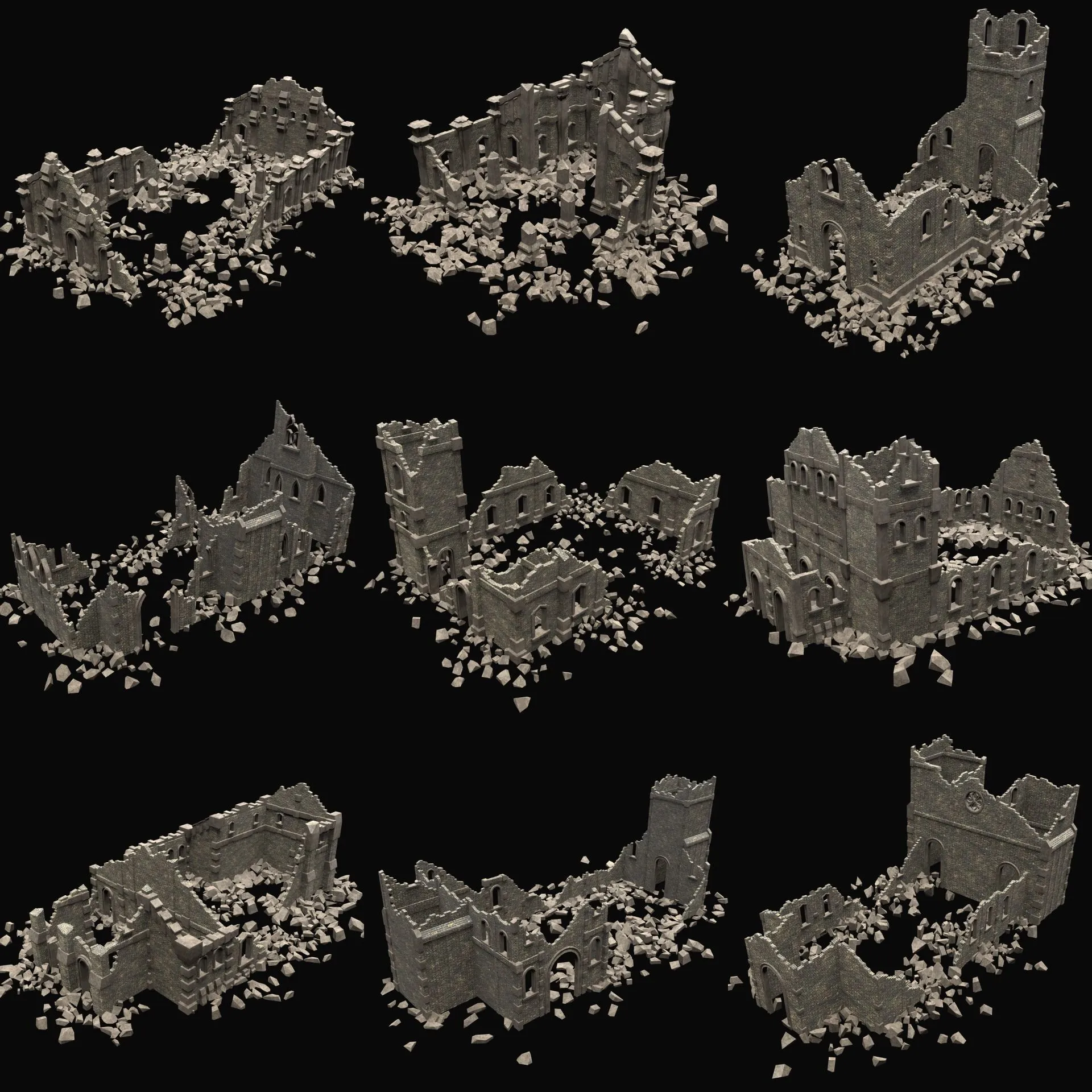 RUINED RUIN MEDIEVAL CHURCH TEMPLE GOTHIC CASTLE COLLECTION Low-poly 3D Model .c4d .max .obj .3ds .fbx .stl .blend 