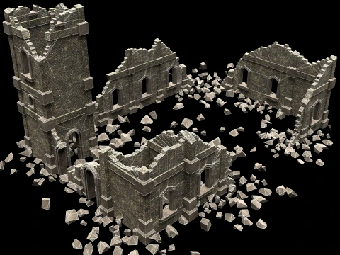 RUINED RUIN MEDIEVAL CHURCH TEMPLE GOTHIC CASTLE COLLECTION Low-poly 3D Model