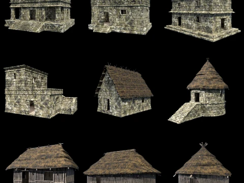 OLD ANCIENT HOUSE AZTEC MAYAN INCA STONE TEMPLE COLLECTION Low-poly 3D Model