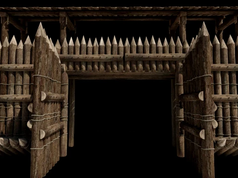 WOODEN GATE DOOR PALISADE WALLS MEDIEVAL FANTASY COLLECTION Low-poly 3D Model