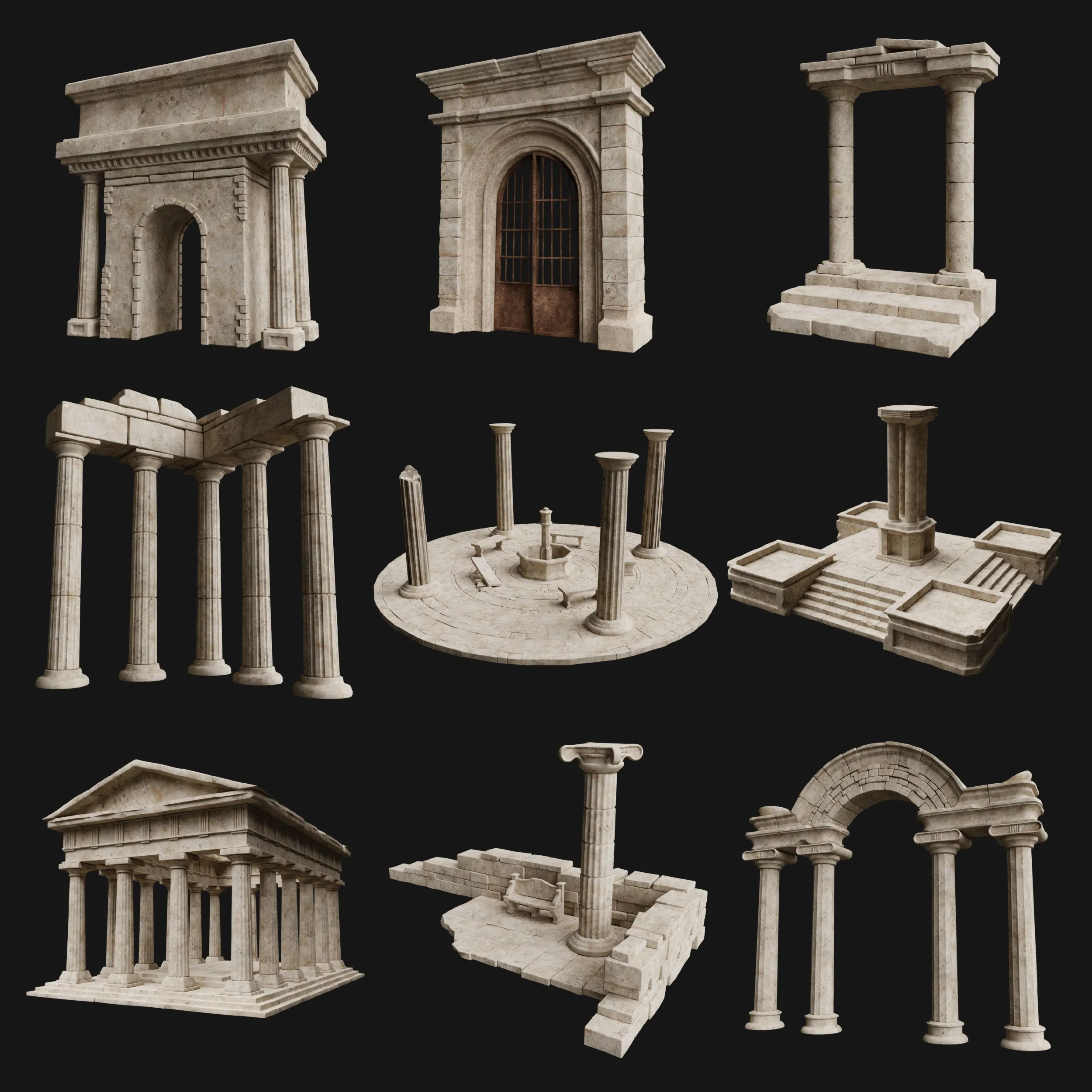 ANCIENT RUIN GREEK ROMAN TEMPLE MONUMENT STATUE COLUMN PACK Low-poly 3D Model .c4d .max .obj .3ds .fbx .stl .blend 