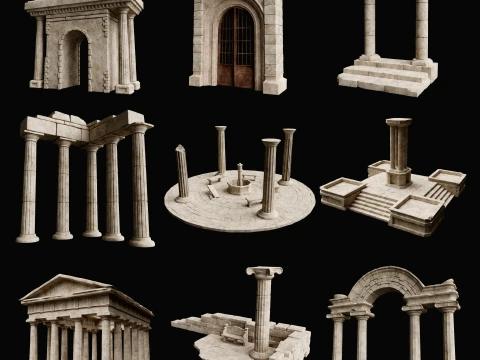ANCIENT RUIN GREEK ROMAN TEMPLE MONUMENT STATUE COLUMN PACK Low-poly 3D Model