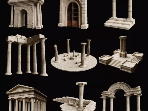 ANCIENT RUIN GREEK ROMAN TEMPLE MONUMENT STATUE COLUMN PACK Low-poly 3D Model