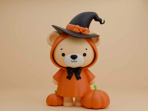 Hallowen bear wizard and pumpkin 3D Print Model