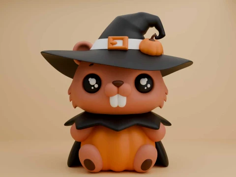 Cute beaver wizard and pumpkin for halloween Modello di stampa 3D