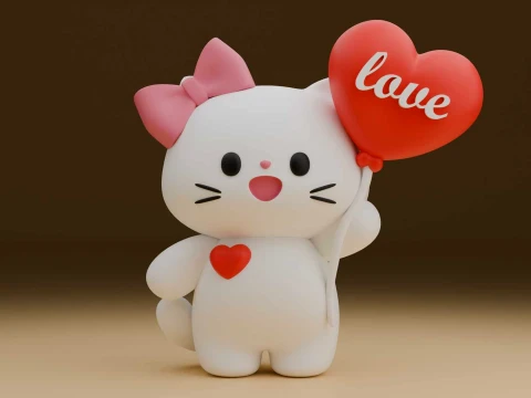 Cute kitty cat and heart for valentine day Model Cetak 3D