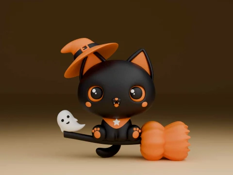 ハロウィーンの日のかわいい猫の魔法使い 3Dプリントモデル