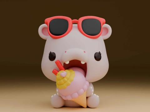 Cute 3sprintable hippo and icecream for summer 3D Print Model