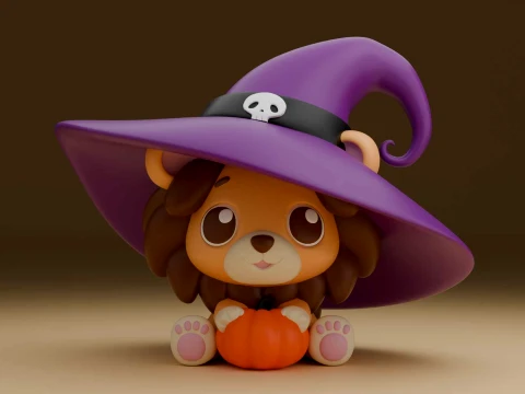 Niedlicher 3D-druckbarer L&ouml;we, Zauberer und K&uuml;rbis als Halloween-Geschenk 3D Druckmodell