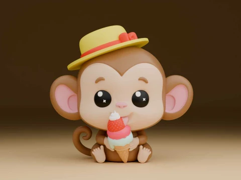 Cute 3dprintable monkey toy and icecream 3D Print Model