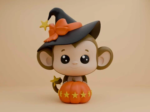 Cute 3dprintable monkey wizard and pumpkin for halloween toy 3D Print Model
