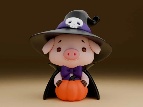 Cute pig wizard and pumpkin for halloween figure 3D Print Model