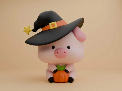 Cute pig wizard and pumpkin for halloween figure 3D Baskı Modeli