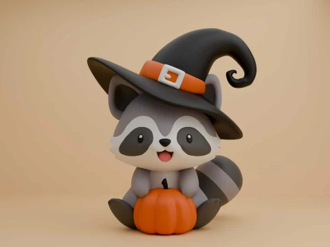 Raccoon wizard and pumpkin for halloween decor 3D Print Model