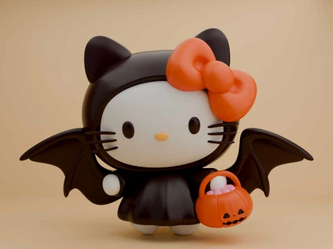 Sanrio kat hello kitty vleermuis en pompoen voor halloween decor 3D printmodel