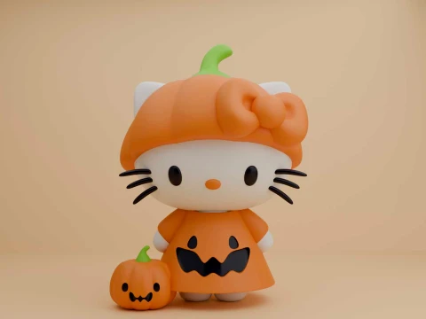 Sanrio kat hello kitty pompoenkostuum en pompoen voor halloween decor 3D printmodel