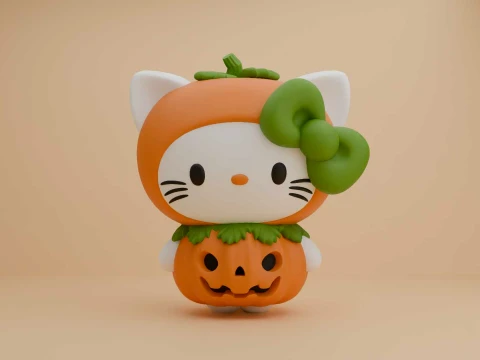 Sanrio kat Hello Kitty en pompoenkostuum voor Halloween-decor 3D printmodel