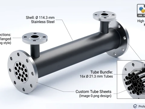 Industrial Shell and Tube Heat Exchanger - DN100 1143mm Shell - DN32 Flanged - 16 Tubes Inox 3D Model