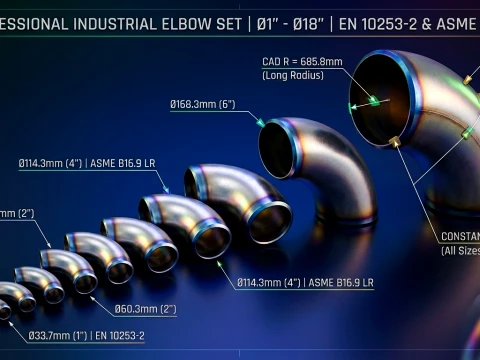 Gomiti per tubi industriali confezione da 90 - da 1 a 18 NPS ASME B169 - EN 10253-2 Modello 3D