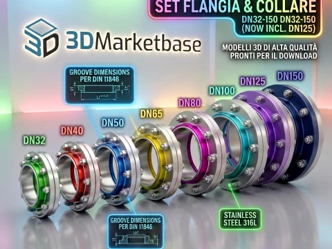 DIN 11864-2 Aseptic Flange Set - DN32 to DN150 Groove Collar O-Ring 3D Model