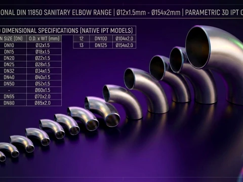 DIN 11850 Sanitary Stainless Steel Elbow Set - Parametric Autodesk Inventor IPT 3D Model