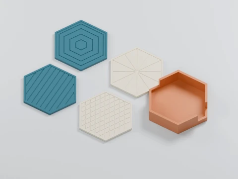Geometric Coaster Set Four Patterns with Hexagonal Holder 3D Print Model