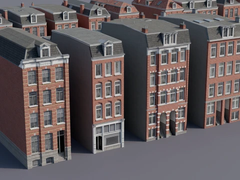 Netherlands Dutch Style Traditional Brick Row Houses Set low-poly Modelo 3D