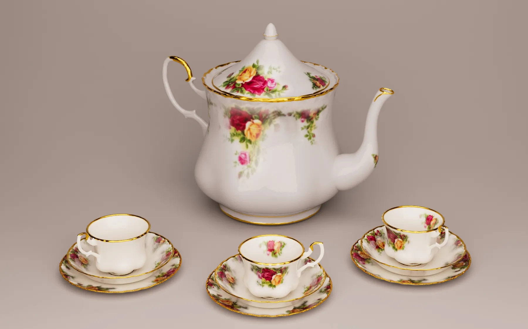 Vintage Porcelain Tea Set - Royal Albert Old Country Roses Style 3D Model .c4d .max .obj .3ds .fbx .stl .blend