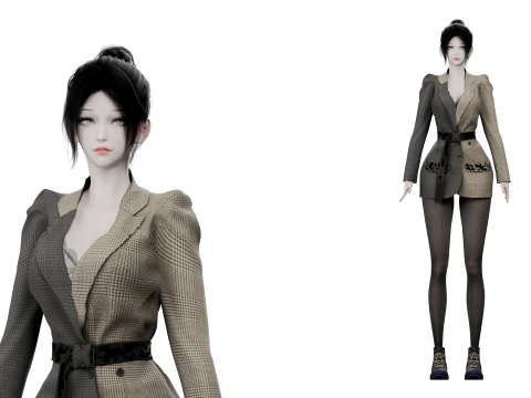 Femme aux cheveux noirs en blazer &agrave; carreaux personnage truqu&eacute; Modèle 3D