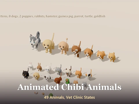 Animated Chibi Animals - 49 Animals Vet Clinic States 3D Model