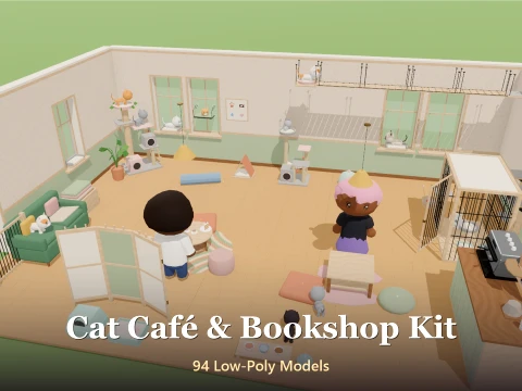 Cat Cafe Bookshop Kit - 94 Low-Poly Models 3D Model