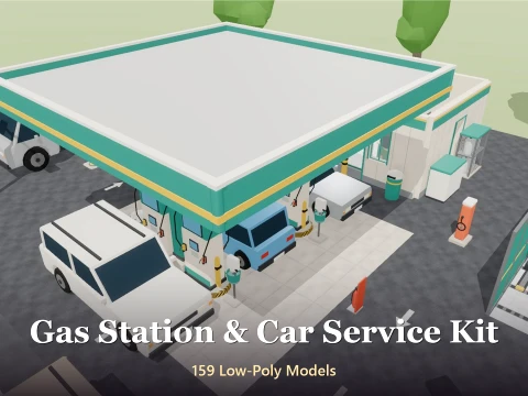 Gas Station Car Service Kit - 159 Low-Poly Models 3D Model