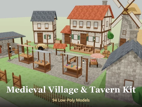 Medieval Village Tavern Kit - 94 Low-Poly Models 3D Model