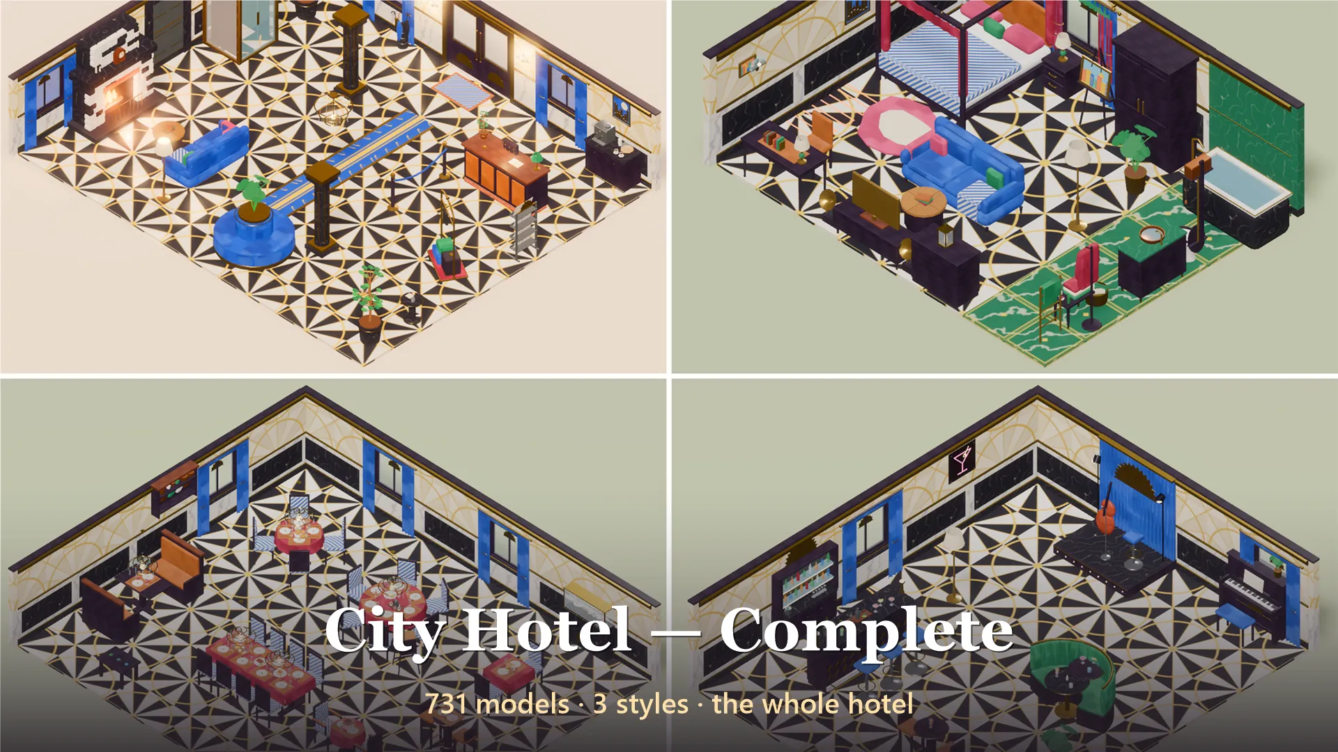 City Hotel - Complete - 731 Low-Poly Models 3D Model .c4d .max .obj .3ds .fbx .stl .blend 
